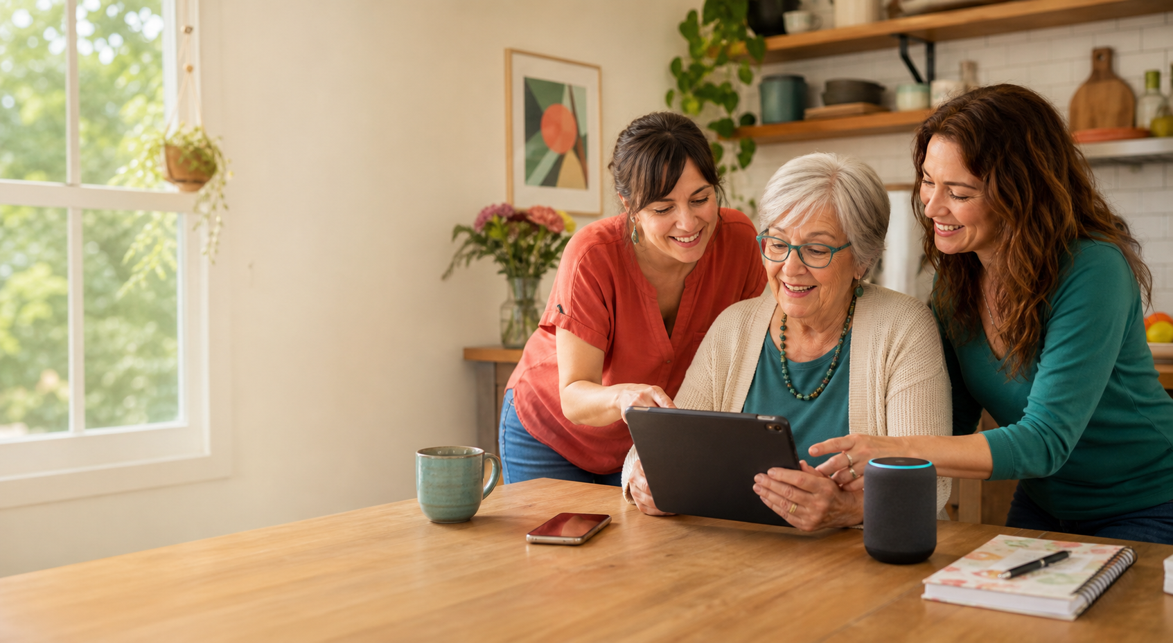 Two friendly helpers showing an older adult how to use a tablet and smart speaker at home
